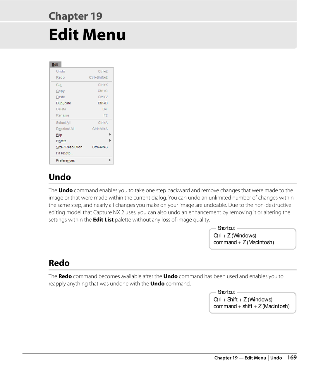 Nikon Capture NX2 user manual Edit Menu, Undo, Redo 