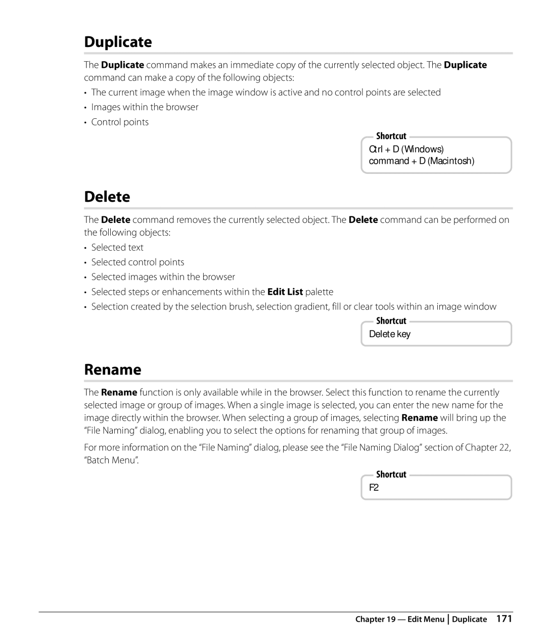 Nikon Capture NX2 user manual Duplicate, Rename, Delete key 