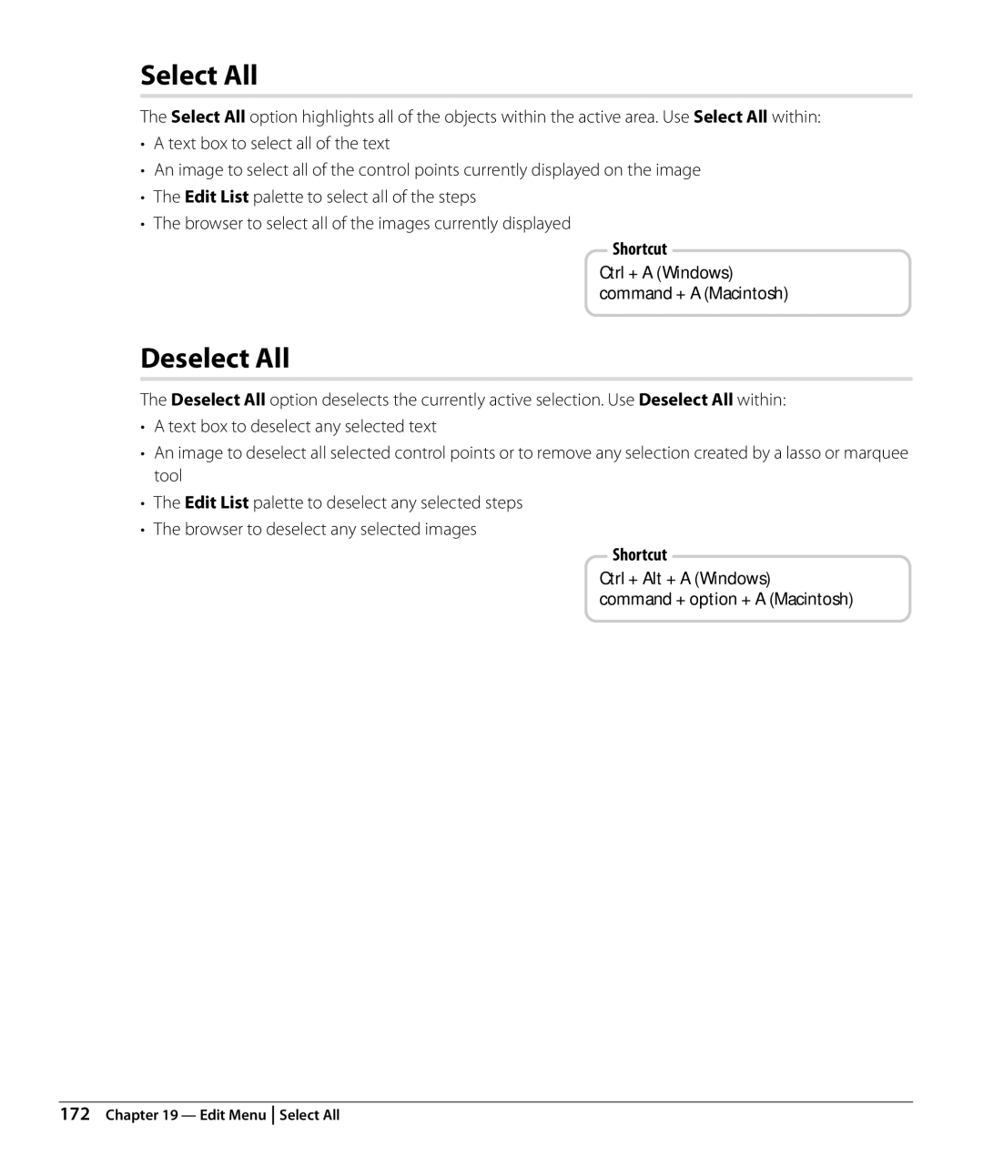 Nikon Capture NX2 user manual Select All, Deselect All, Ctrl + Alt + a Windows Command + option + a Macintosh 