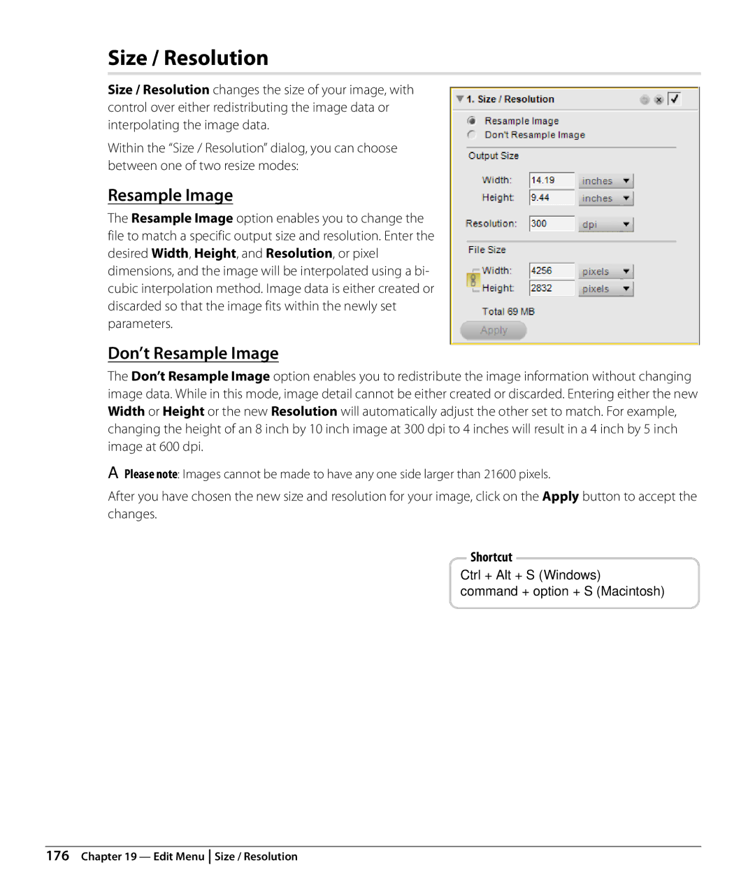 Nikon Capture NX2 user manual Size / Resolution, Don’t Resample Image, Resample Image option enables you to change 