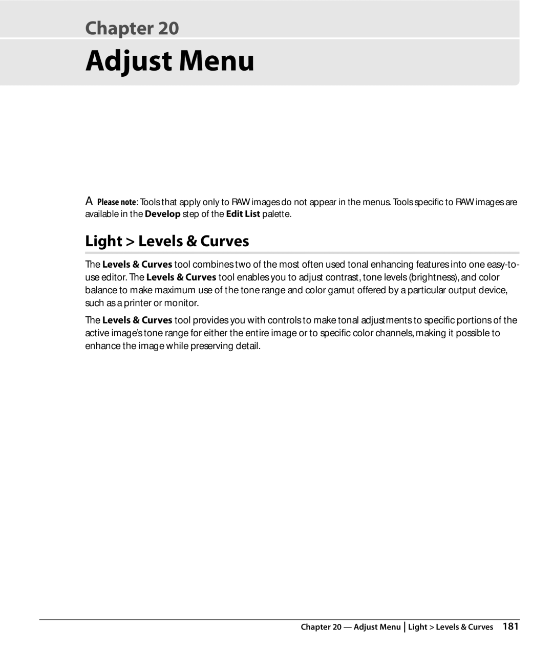 Nikon Capture NX2 user manual Adjust Menu, Light Levels & Curves 