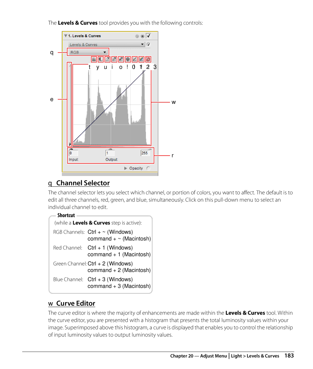 Nikon Capture NX2 user manual Channel Selector, Curve Editor, While a Levels & Curves step is active 