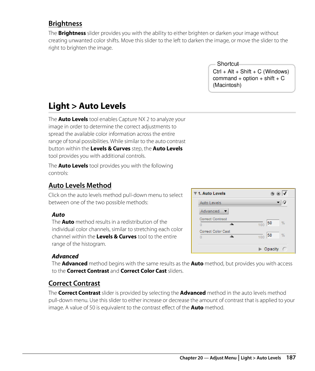 Nikon Capture NX2 user manual Light Auto Levels, Brightness, Auto Levels Method, Correct Contrast 