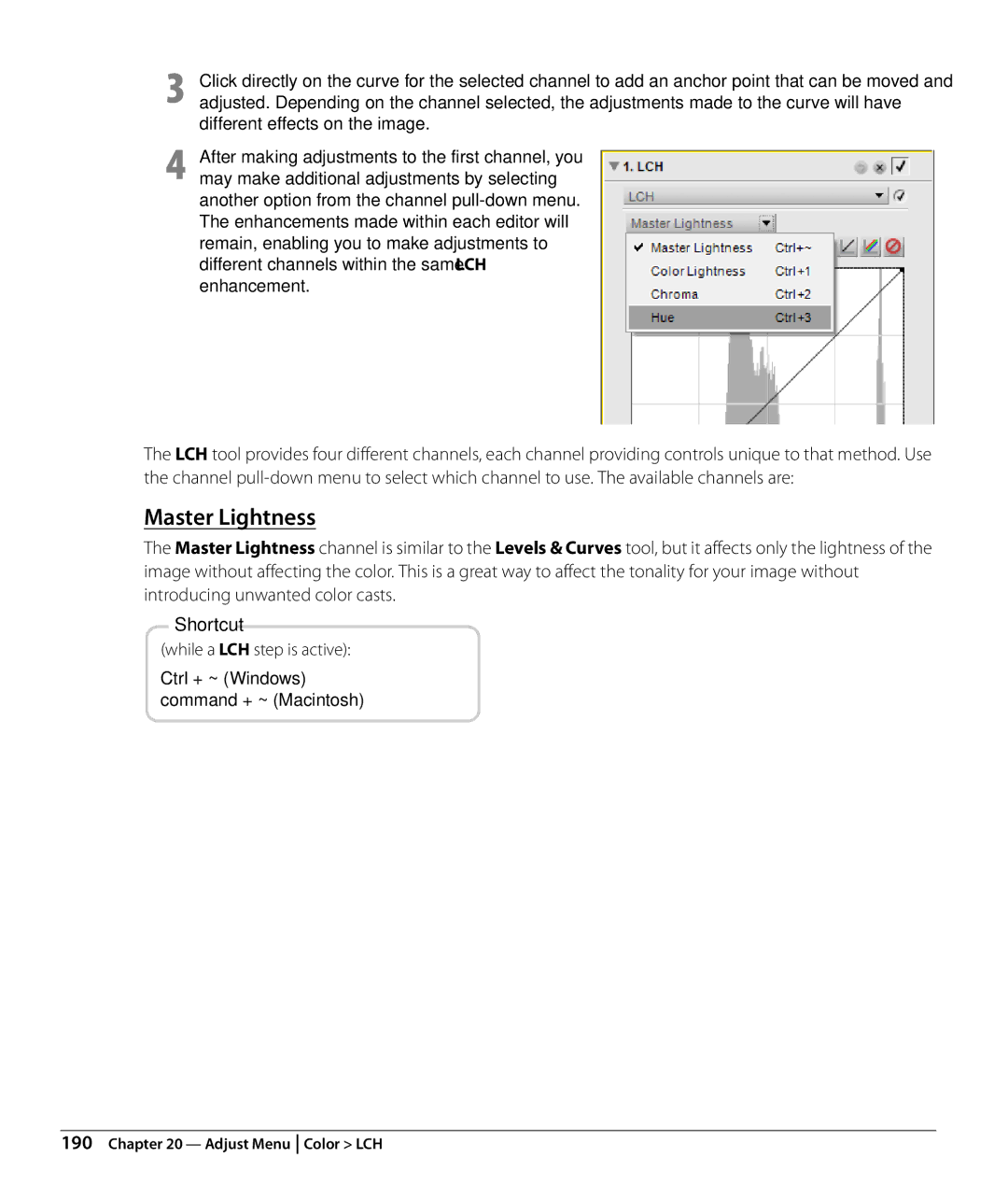 Nikon Capture NX2 user manual Master Lightness, Different effects on the image, Enhancement, While a LCH step is active 