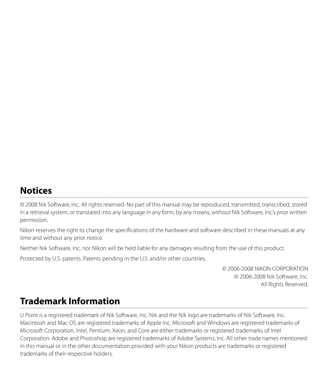 Nikon Capture NX2 user manual Trademark Information, Nik Software, Inc All Rights Reserved 