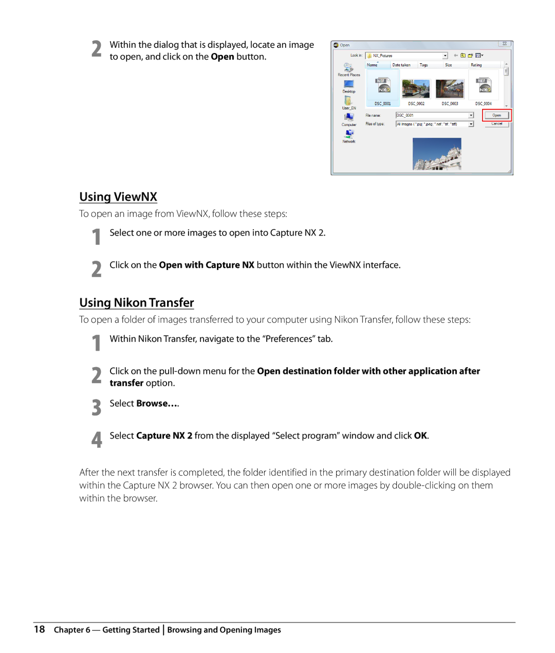 Nikon Capture NX2 user manual Using ViewNX, Using Nikon Transfer, To open an image from ViewNX, follow these steps 