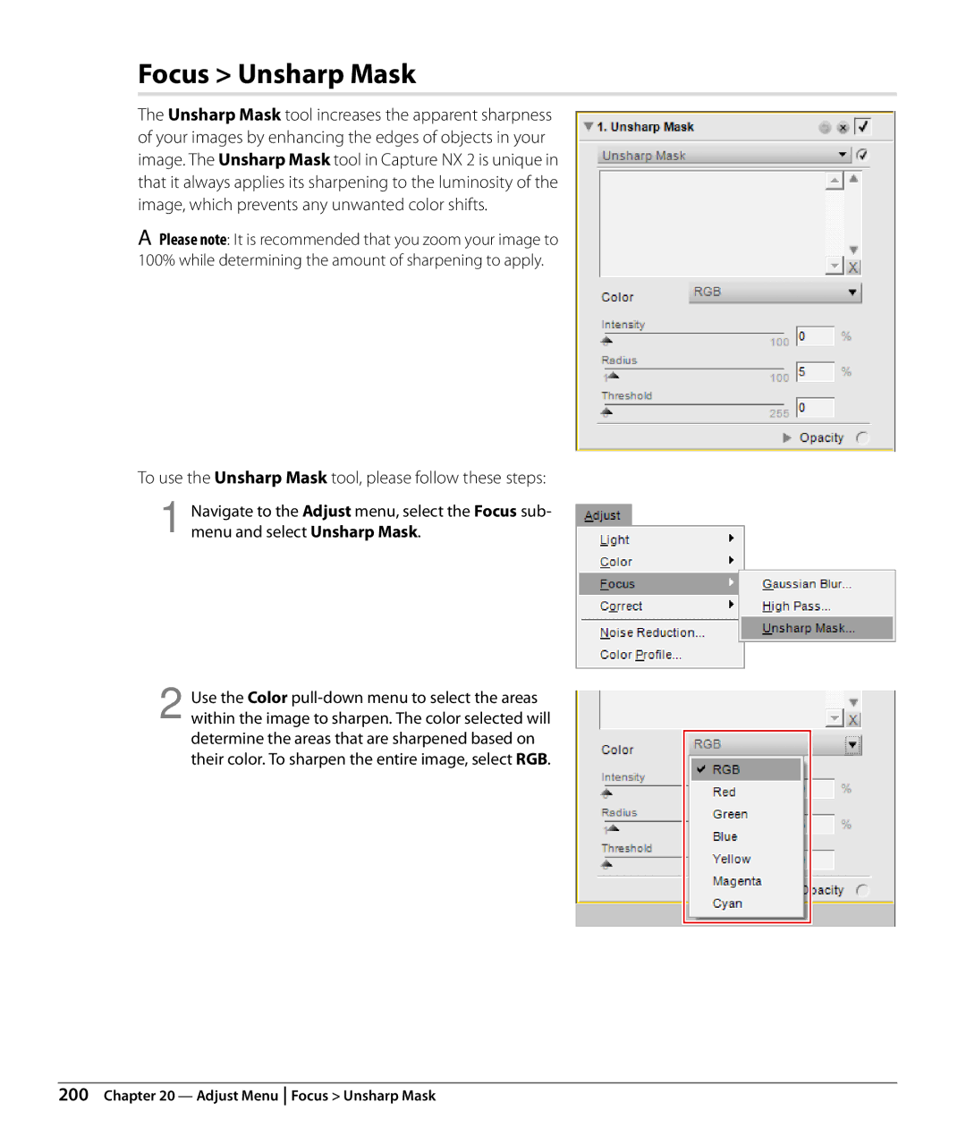 Nikon Capture NX2 user manual Focus Unsharp Mask, Unsharp Mask tool increases the apparent sharpness 