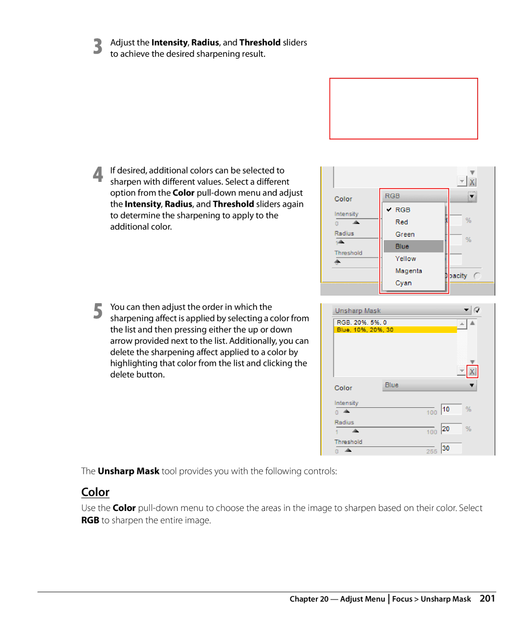 Nikon Capture NX2 user manual Color, Unsharp Mask tool provides you with the following controls 