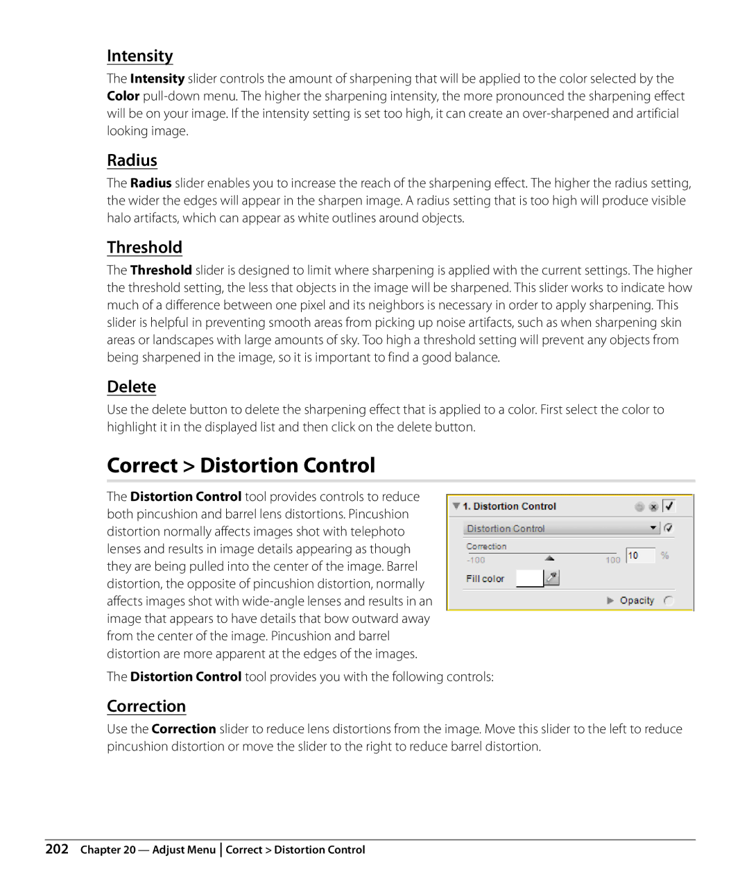 Nikon Capture NX2 user manual Correct Distortion Control, Intensity, Threshold, Correction 