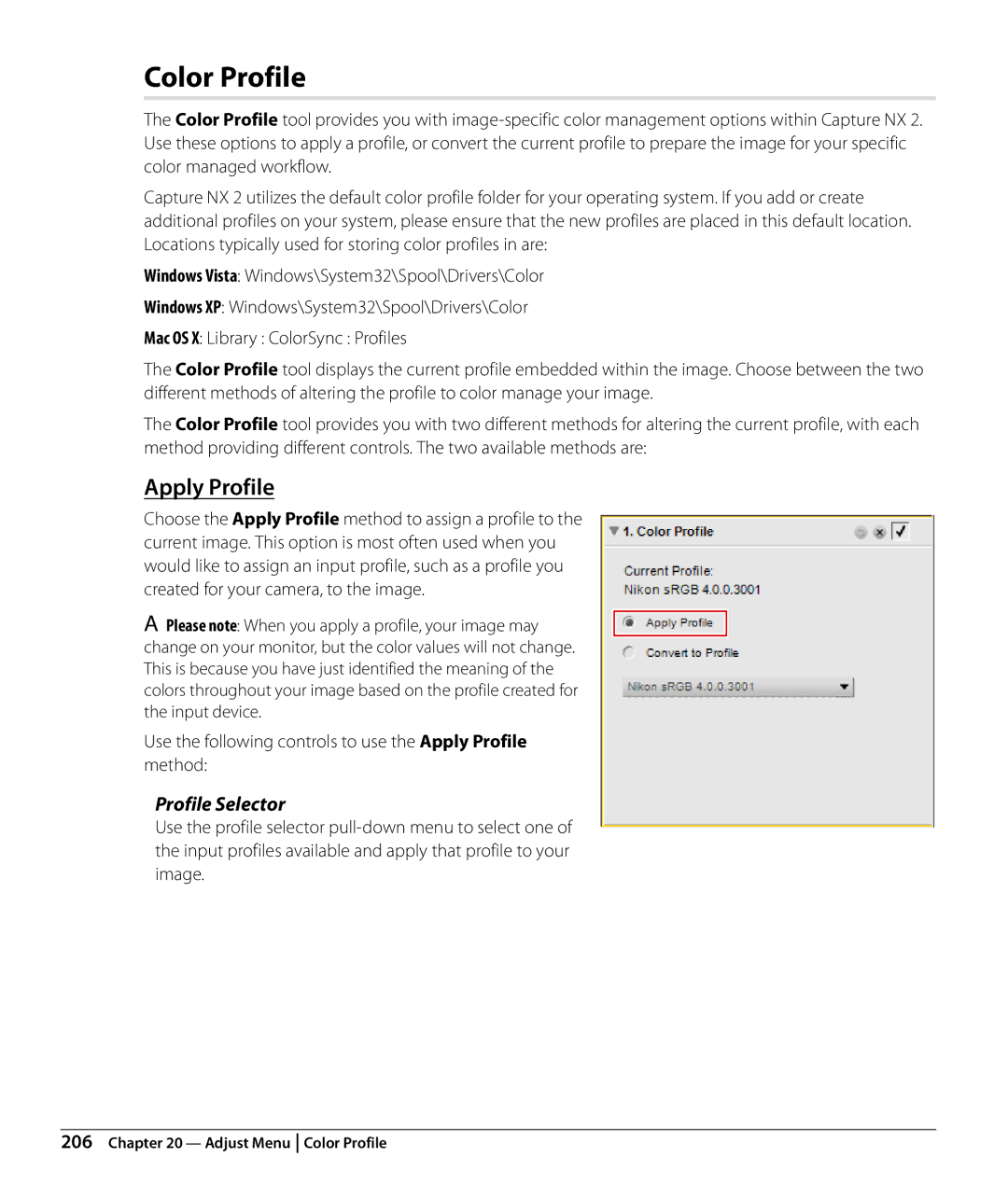 Nikon Capture NX2 user manual Color Profile, Apply Profile, Profile Selector 