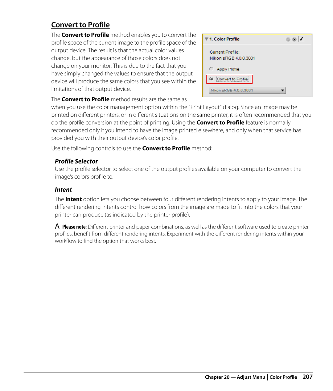 Nikon Capture NX2 user manual Convert to Profile, Intent 