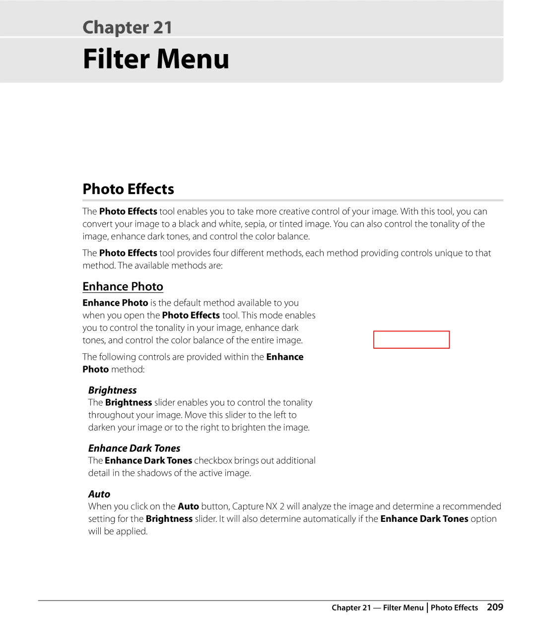 Nikon Capture NX2 user manual Filter Menu, Photo Effects, Enhance Photo, Brightness, Enhance Dark Tones 