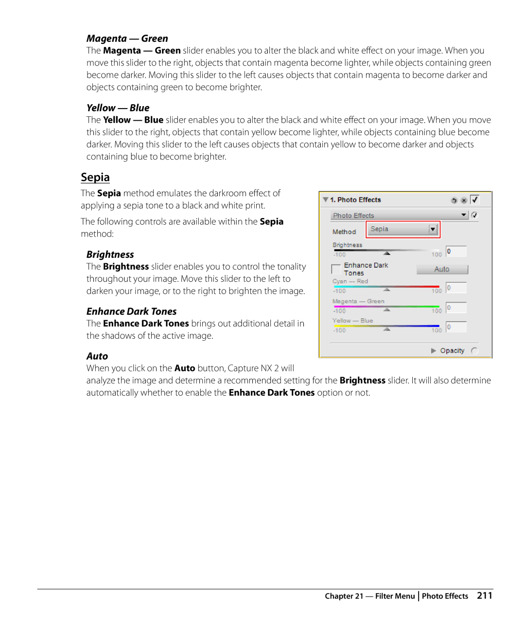 Nikon Capture NX2 user manual Following controls are available within the Sepia method 