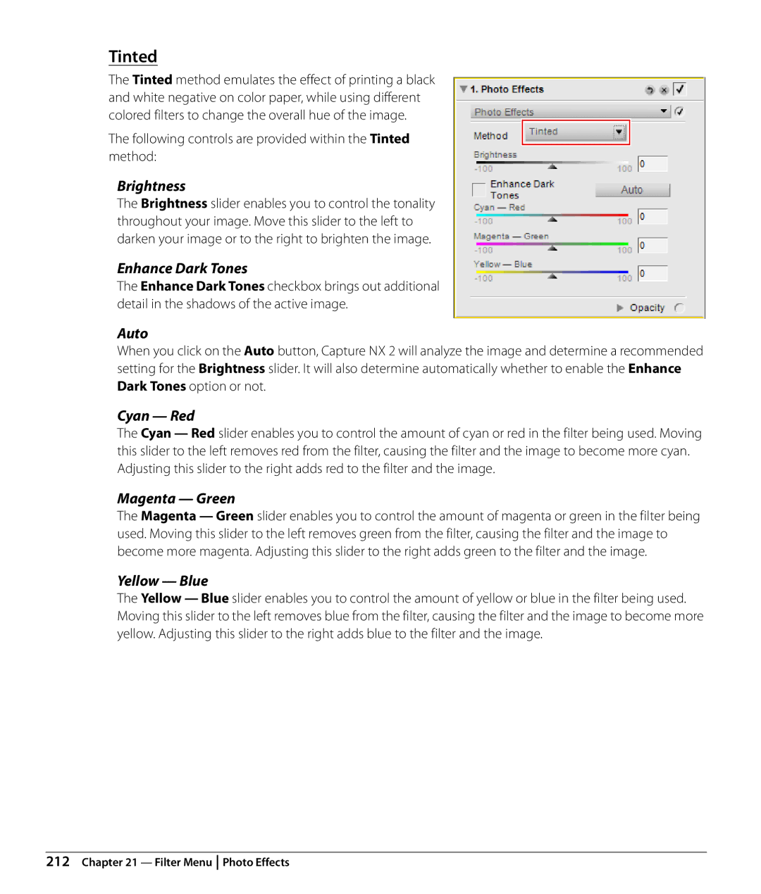 Nikon Capture NX2 user manual Following controls are provided within the Tinted method 