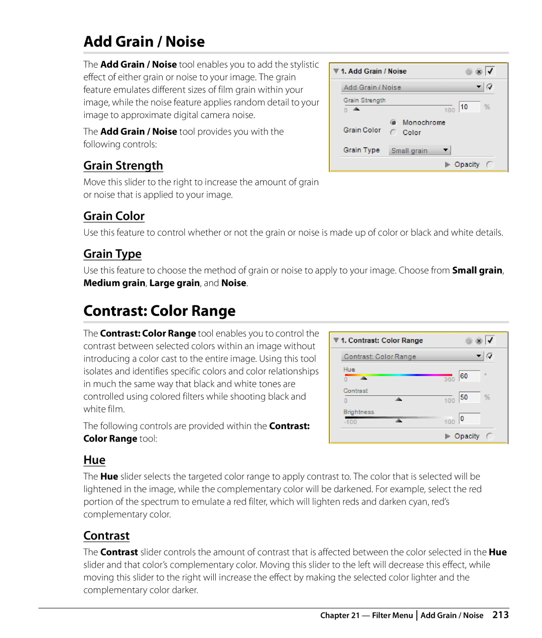 Nikon Capture NX2 user manual Add Grain / Noise, Contrast Color Range, Grain Strength, Grain Color, Grain Type 