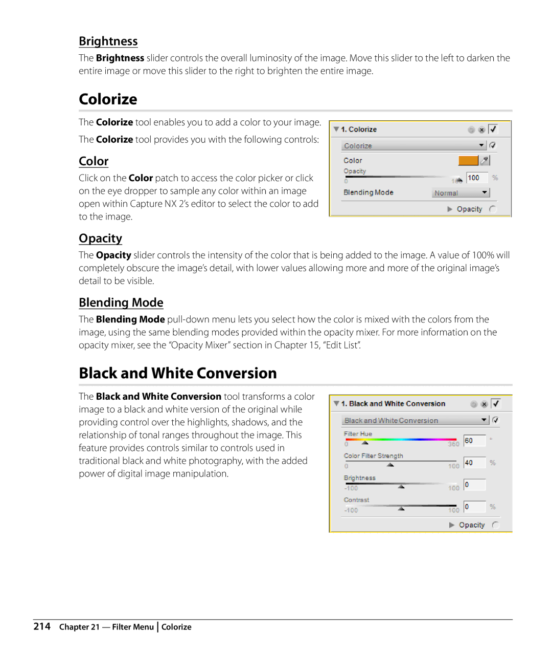 Nikon Capture NX2 user manual Colorize, Black and White Conversion, Blending Mode 