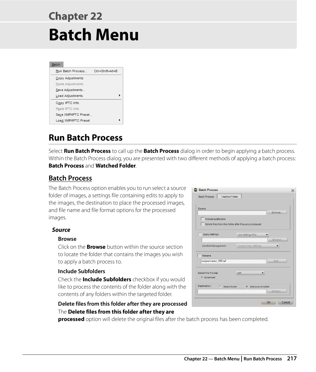 Nikon Capture NX2 user manual Batch Menu, Run Batch Process, Source 