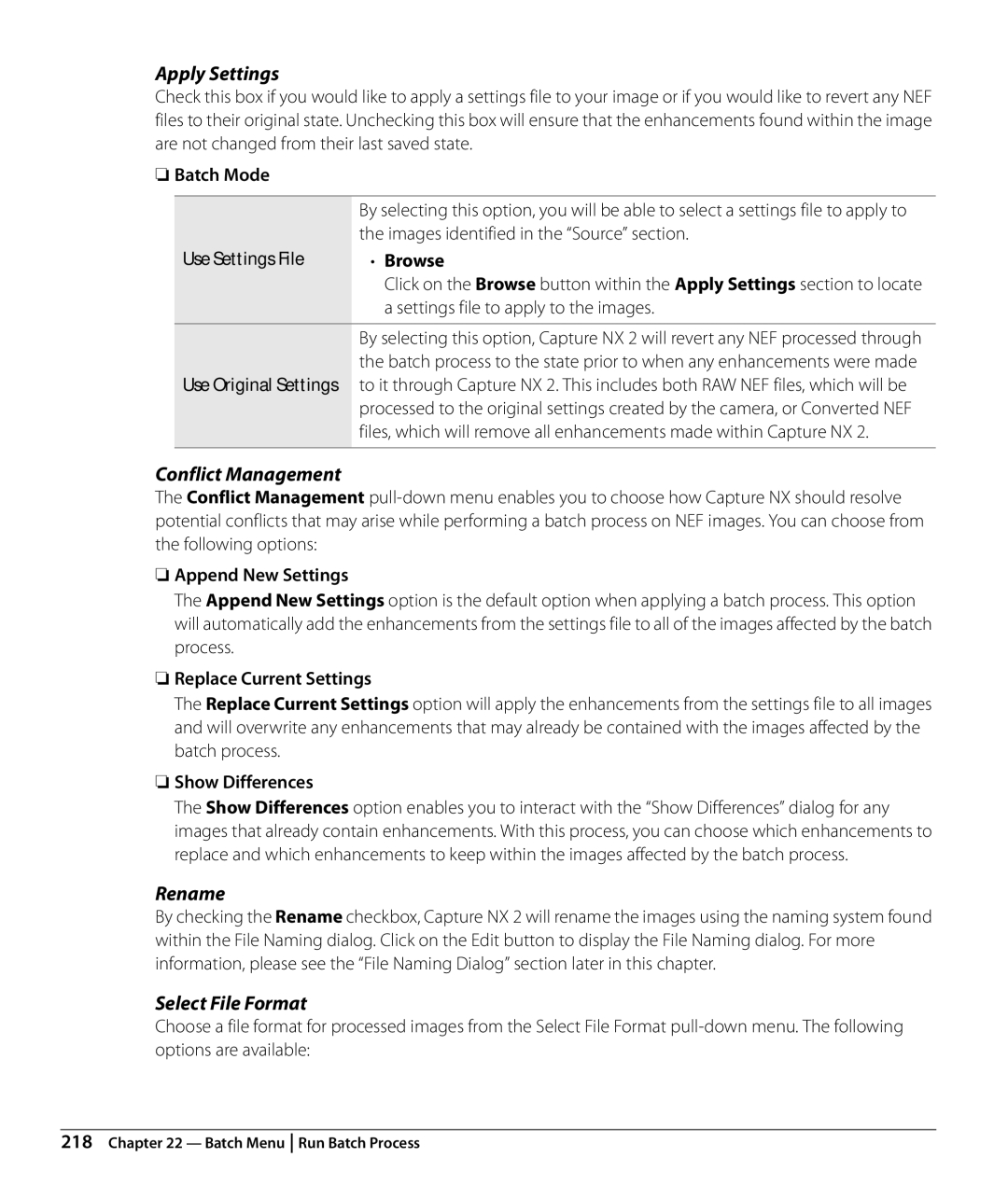 Nikon Capture NX2 user manual Apply Settings, Conflict Management, Rename, Select File Format 