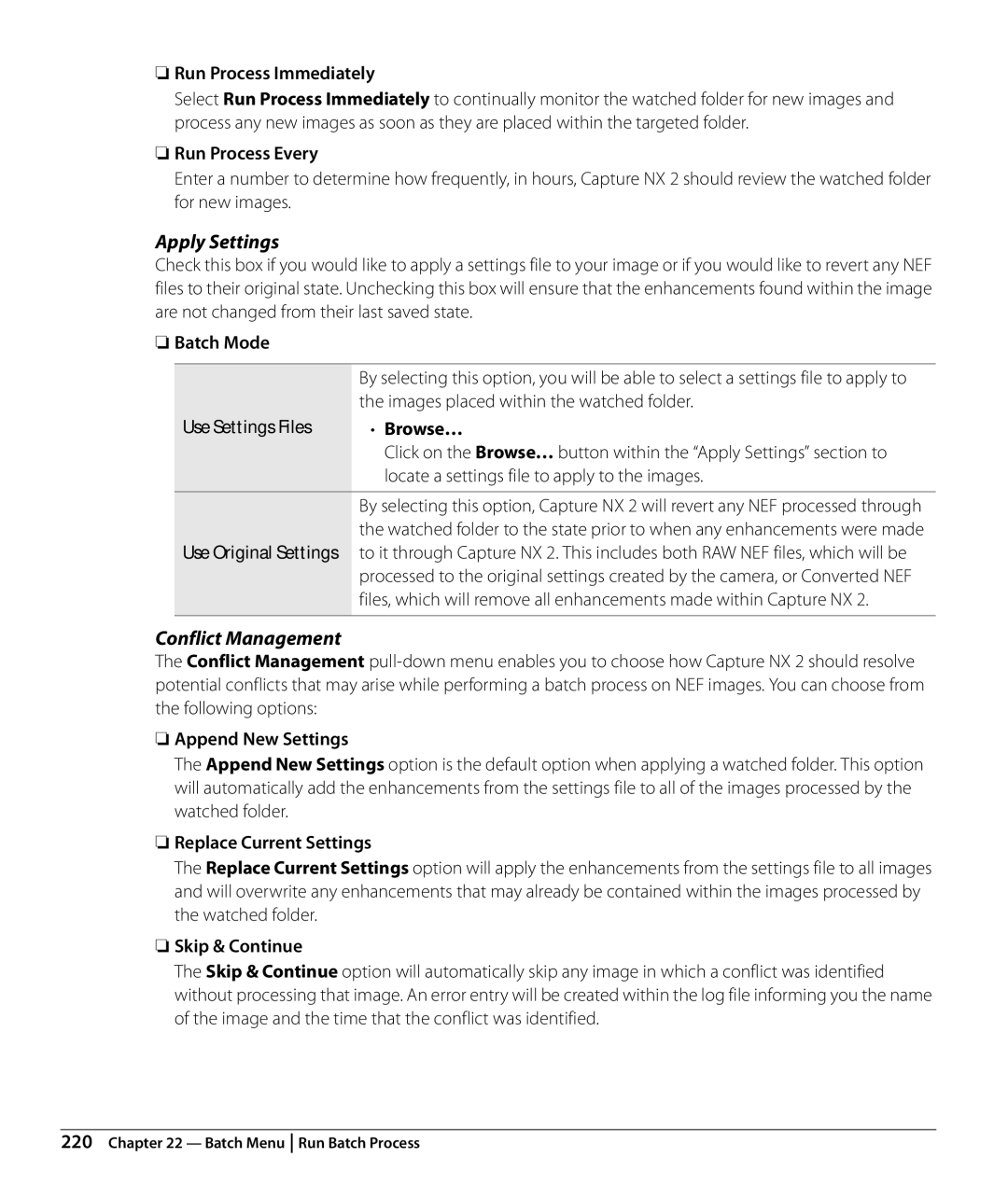 Nikon Capture NX2 user manual Run Process Immediately, Run Process Every, Use Settings Files Browse…, Skip & Continue 