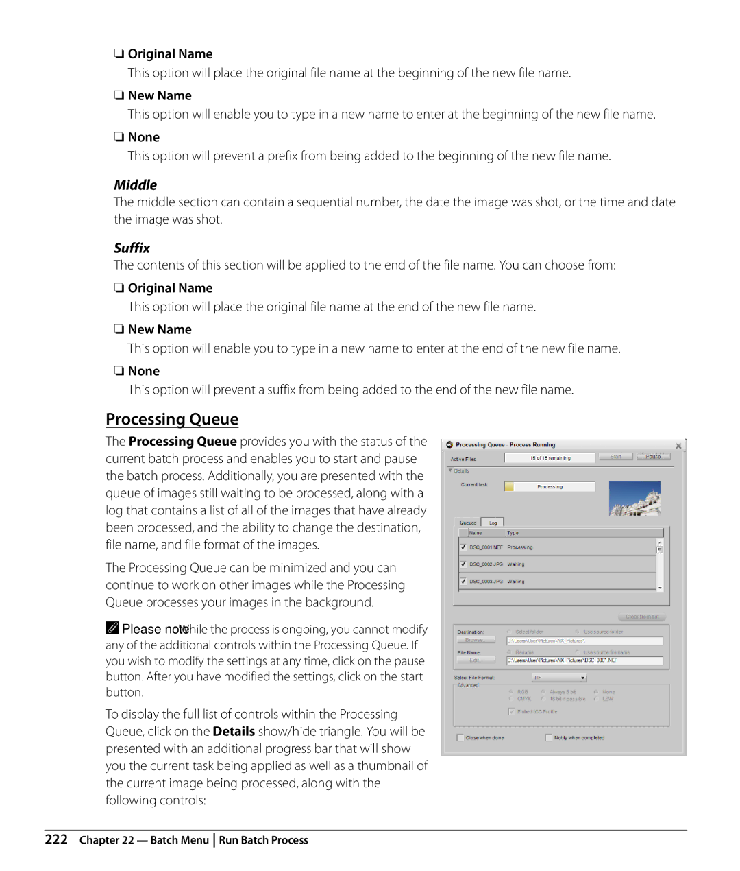 Nikon Capture NX2 user manual Processing Queue, Middle, Suffix, Original Name, New Name 