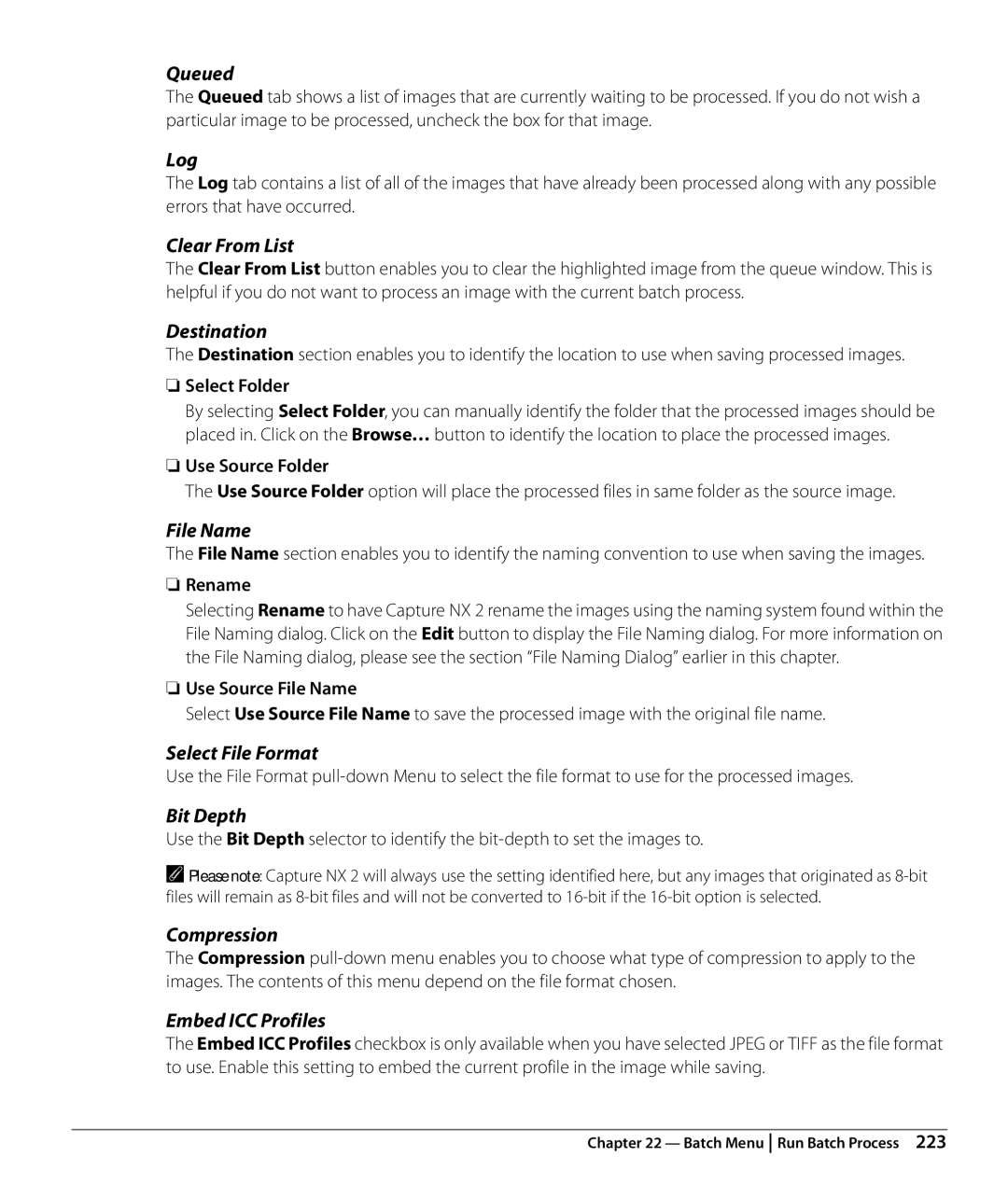 Nikon Capture NX2 user manual Queued, Log, Clear From List, File Name, Embed ICC Profiles 