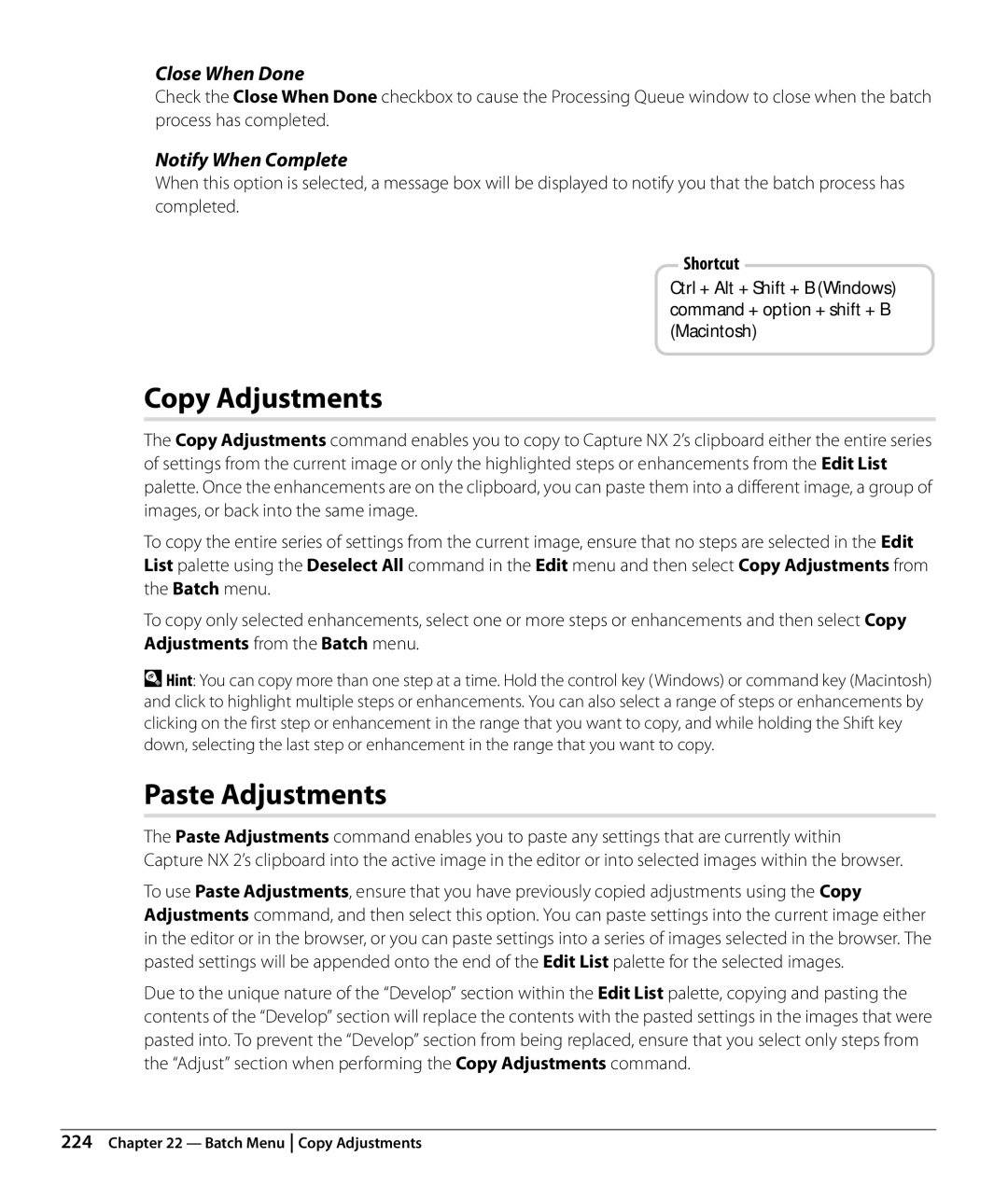 Nikon Capture NX2 user manual Copy Adjustments, Paste Adjustments, Close When Done, Notify When Complete 