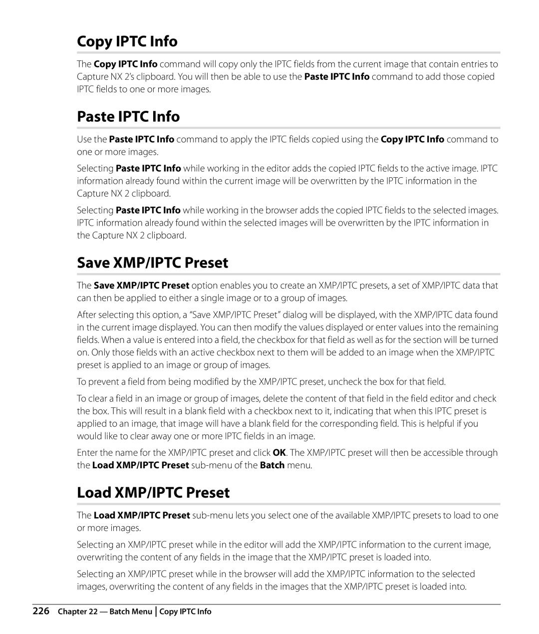 Nikon Capture NX2 user manual Copy Iptc Info, Paste Iptc Info, Save XMP/IPTC Preset, Load XMP/IPTC Preset 