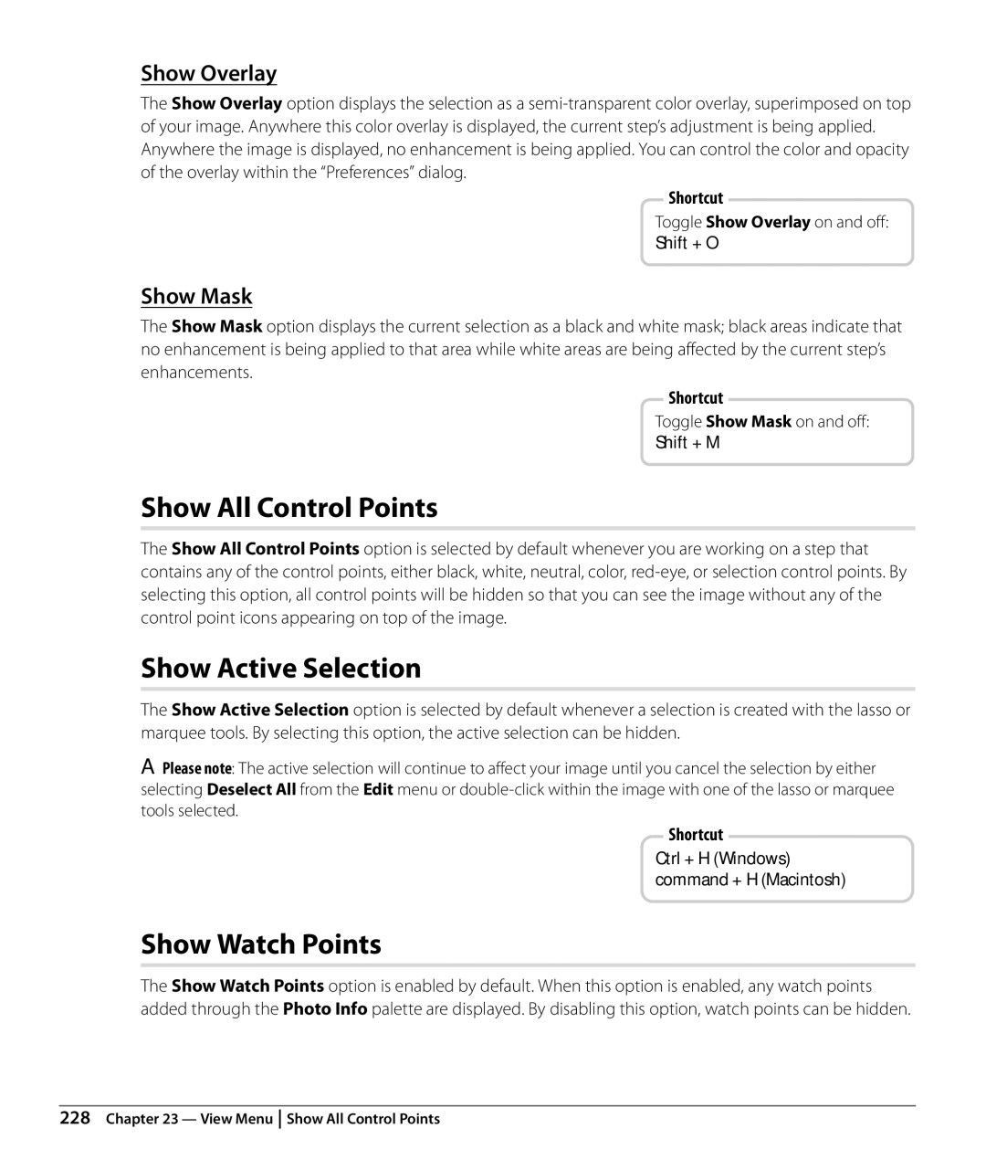 Nikon Capture NX2 user manual Show All Control Points, Show Active Selection, Show Watch Points, Show Overlay, Show Mask 