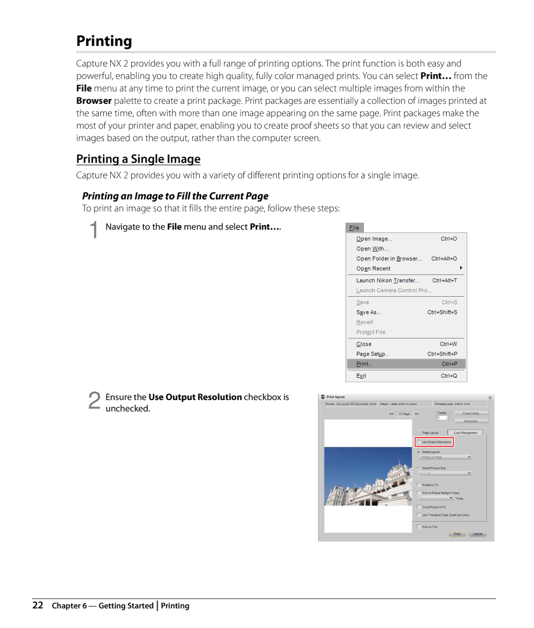 Nikon Capture NX2 user manual Printing a Single Image, Printing an Image to Fill the Current 