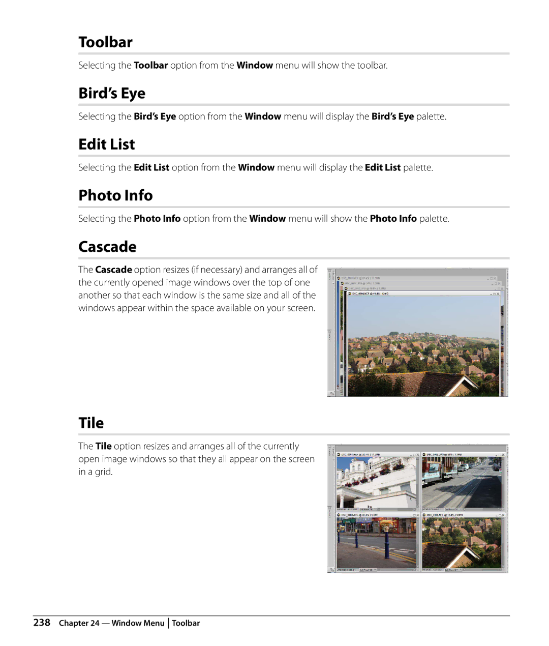 Nikon Capture NX2 user manual Toolbar, Bird’s Eye, Edit List, Photo Info, Cascade, Tile 