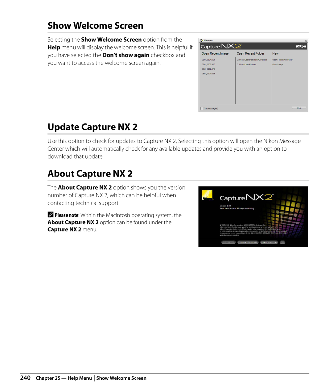 Nikon Capture NX2 user manual Update Capture NX, About Capture NX, Selecting the Show Welcome Screen option from 