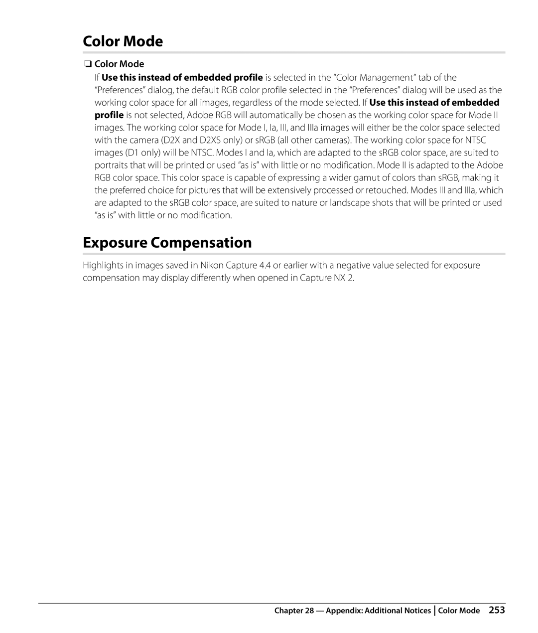 Nikon Capture NX2 user manual Color Mode, Exposure Compensation 