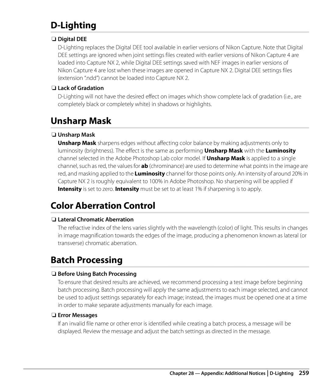 Nikon Capture NX2 user manual Lighting, Unsharp Mask, Color Aberration Control 