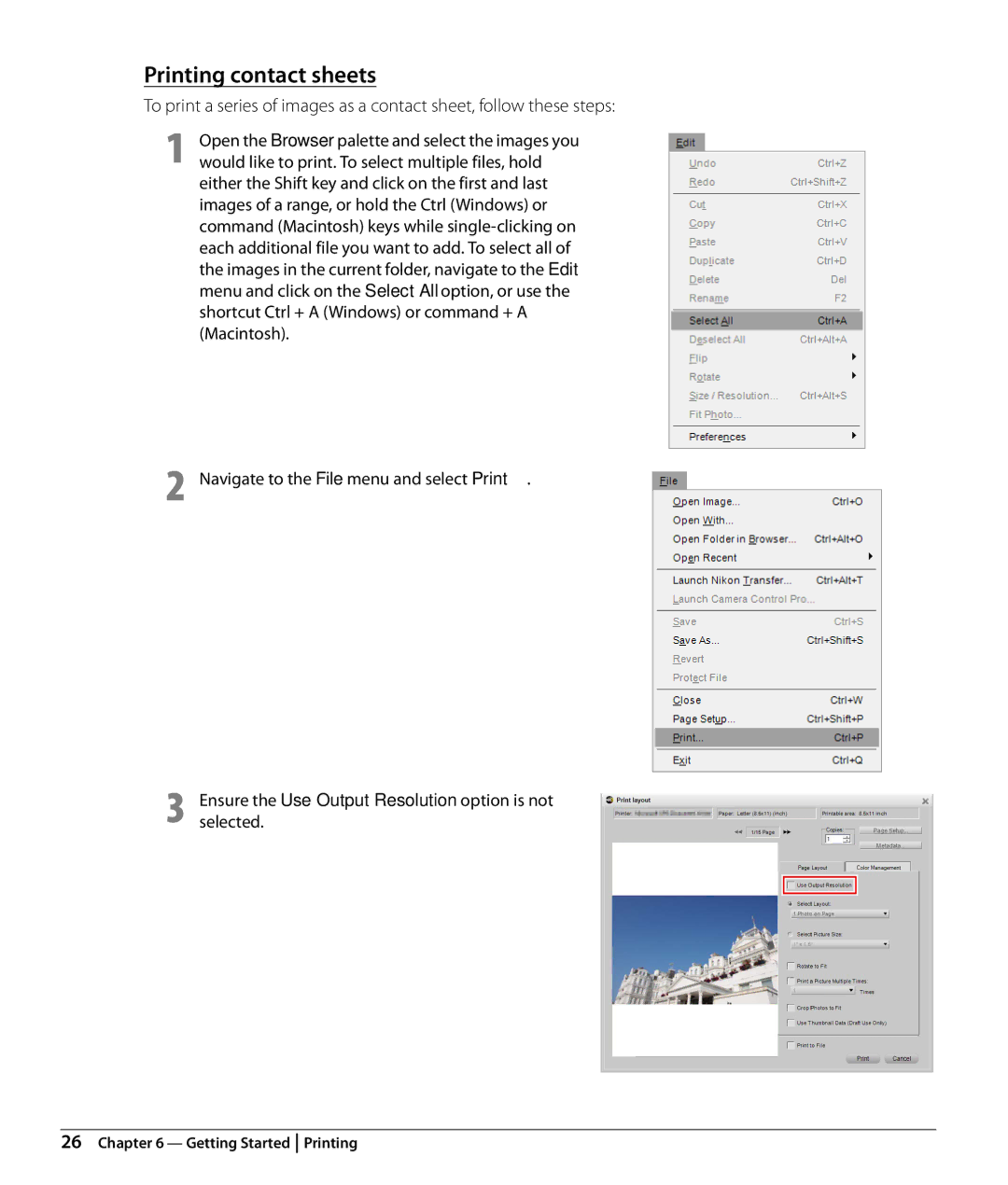 Nikon Capture NX2 user manual Printing contact sheets, Ensure the Use Output Resolution option is not selected 