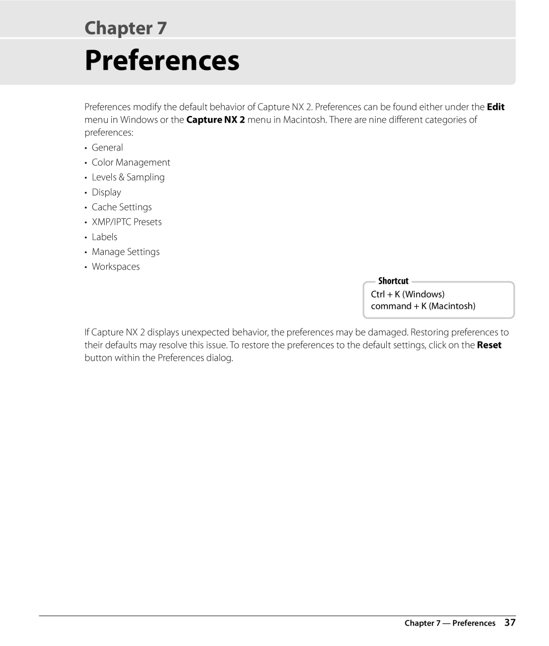 Nikon Capture NX2 user manual Preferences, Shortcut 