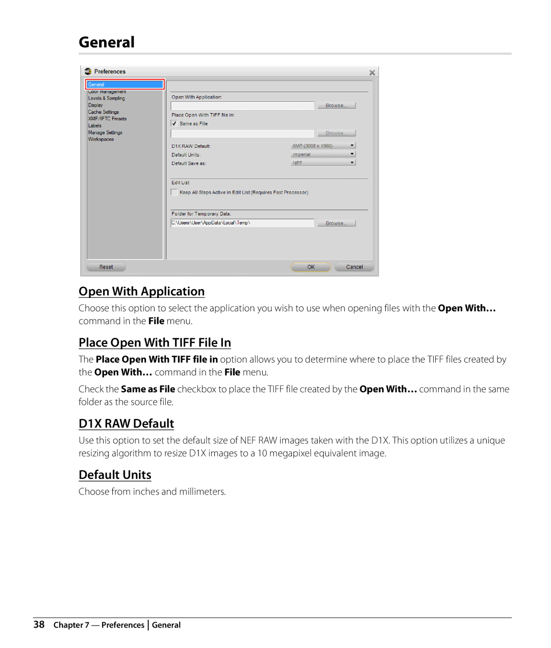 Nikon Capture NX2 user manual General, Open With Application, Place Open With Tiff File, D1X RAW Default, Default Units 