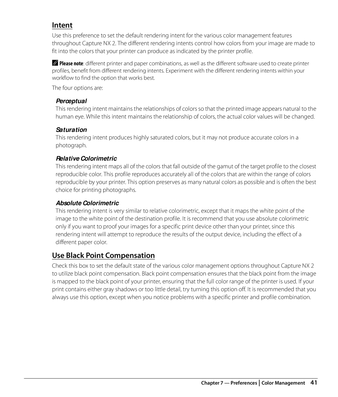 Nikon Capture NX2 user manual Intent, Use Black Point Compensation 