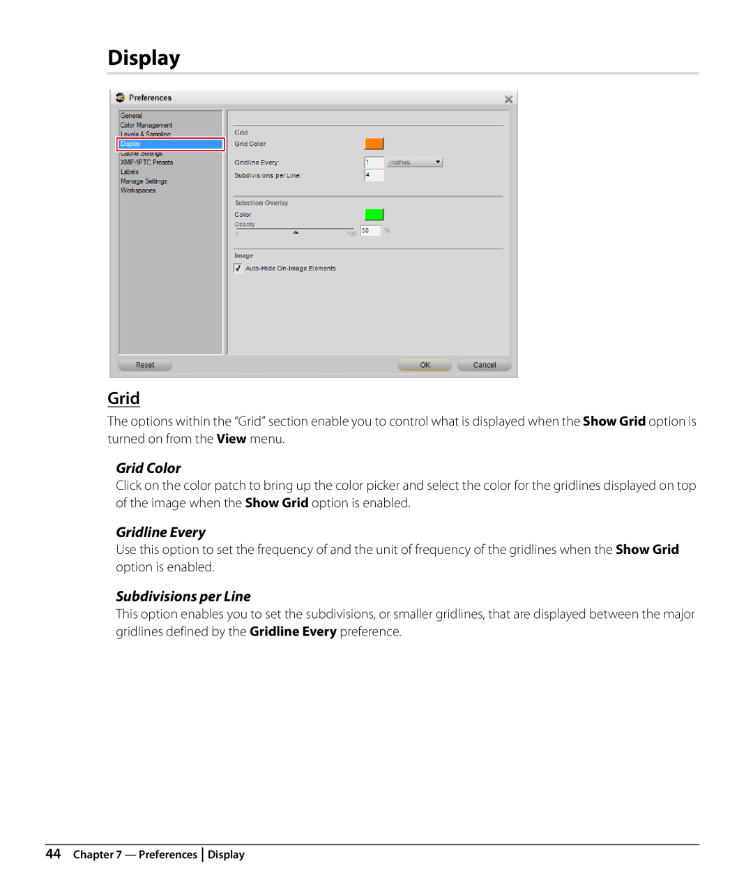 Nikon Capture NX2 user manual Display, Grid Color, Gridline Every, Subdivisions per Line 