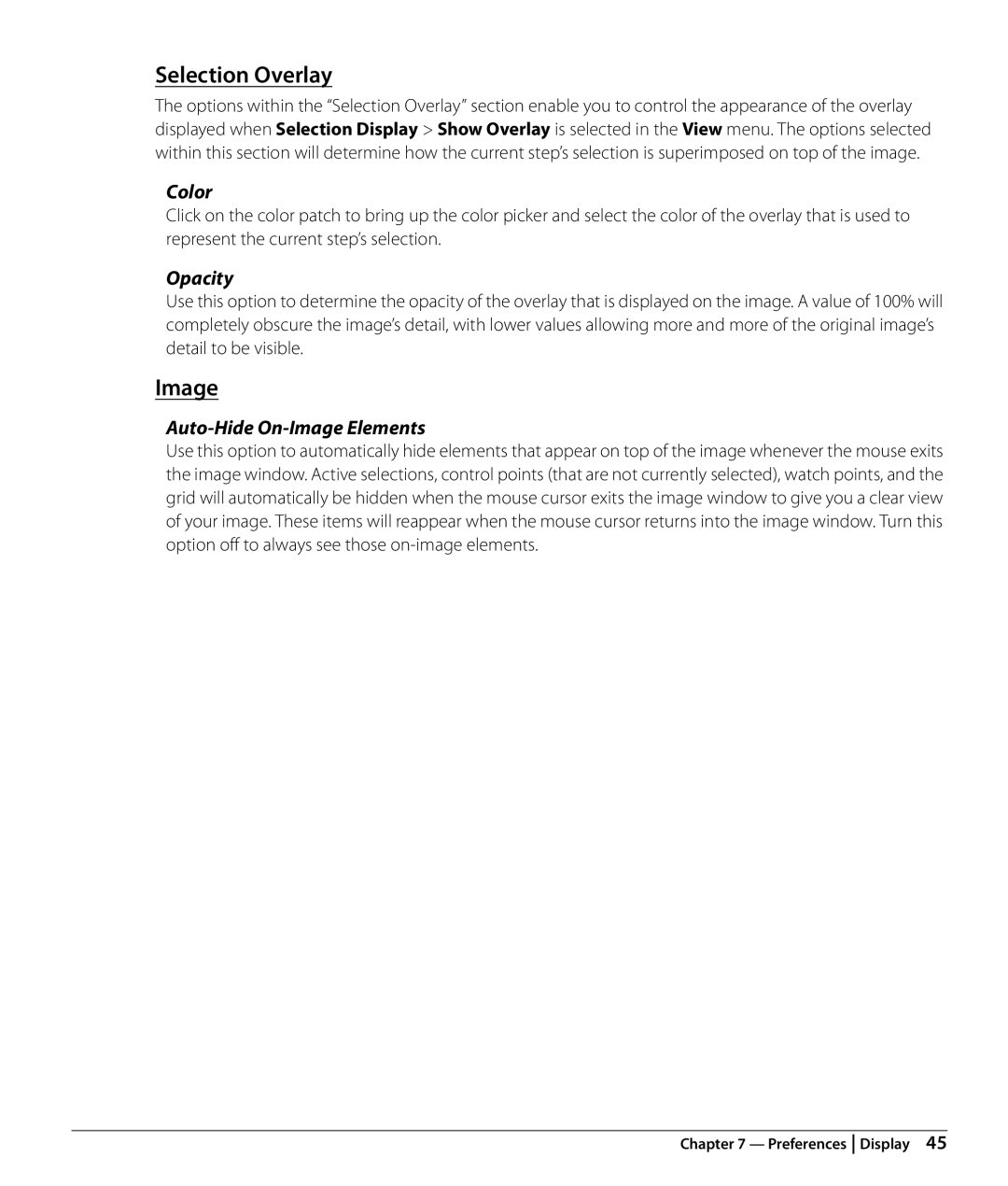 Nikon Capture NX2 user manual Selection Overlay, Color, Opacity, Auto-Hide On-Image Elements 