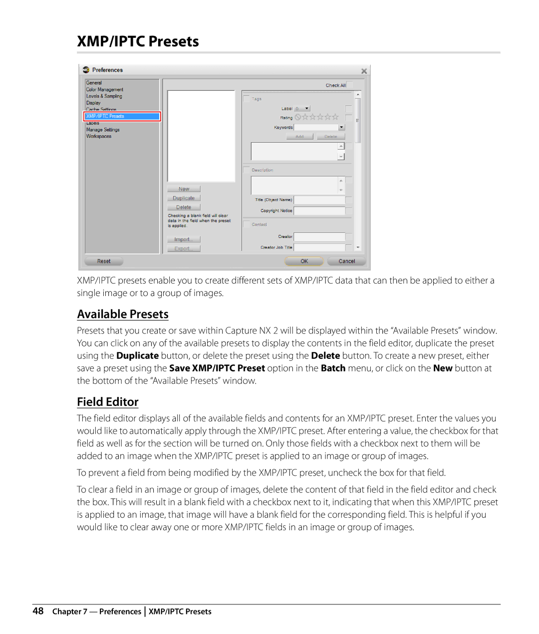 Nikon Capture NX2 user manual XMP/IPTC Presets, Field Editor, Bottom of the Available Presets window 