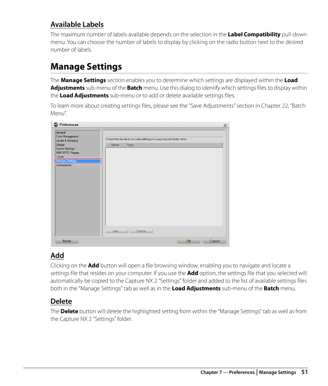 Nikon Capture NX2 user manual Manage Settings, Available Labels, Add 