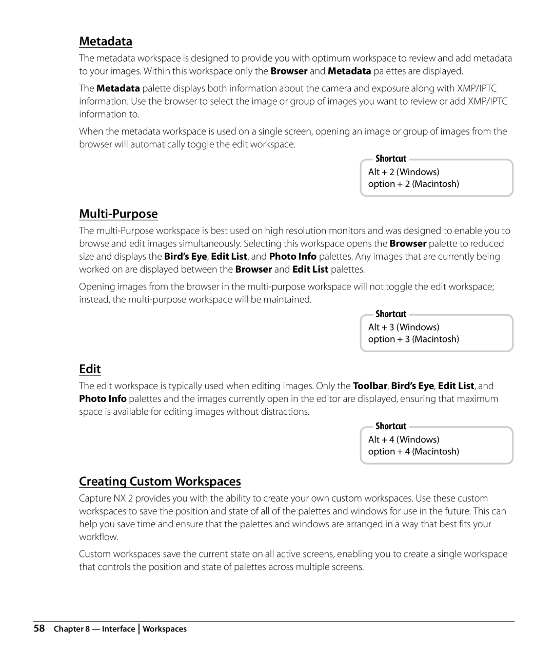 Nikon Capture NX2 user manual Metadata, Multi-Purpose, Edit, Creating Custom Workspaces 