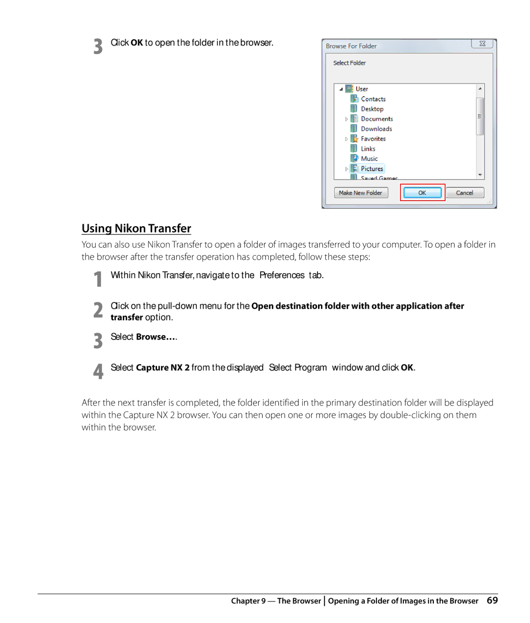 Nikon Capture NX2 user manual Using Nikon Transfer, Click OK to open the folder in the browser 