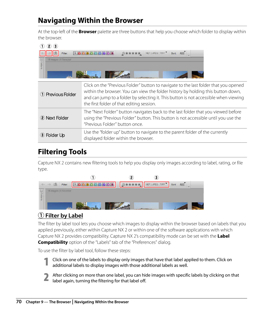 Nikon Capture NX2 user manual Navigating Within the Browser, Filtering Tools, Filter by Label, QPrevious Folder, EFolder Up 