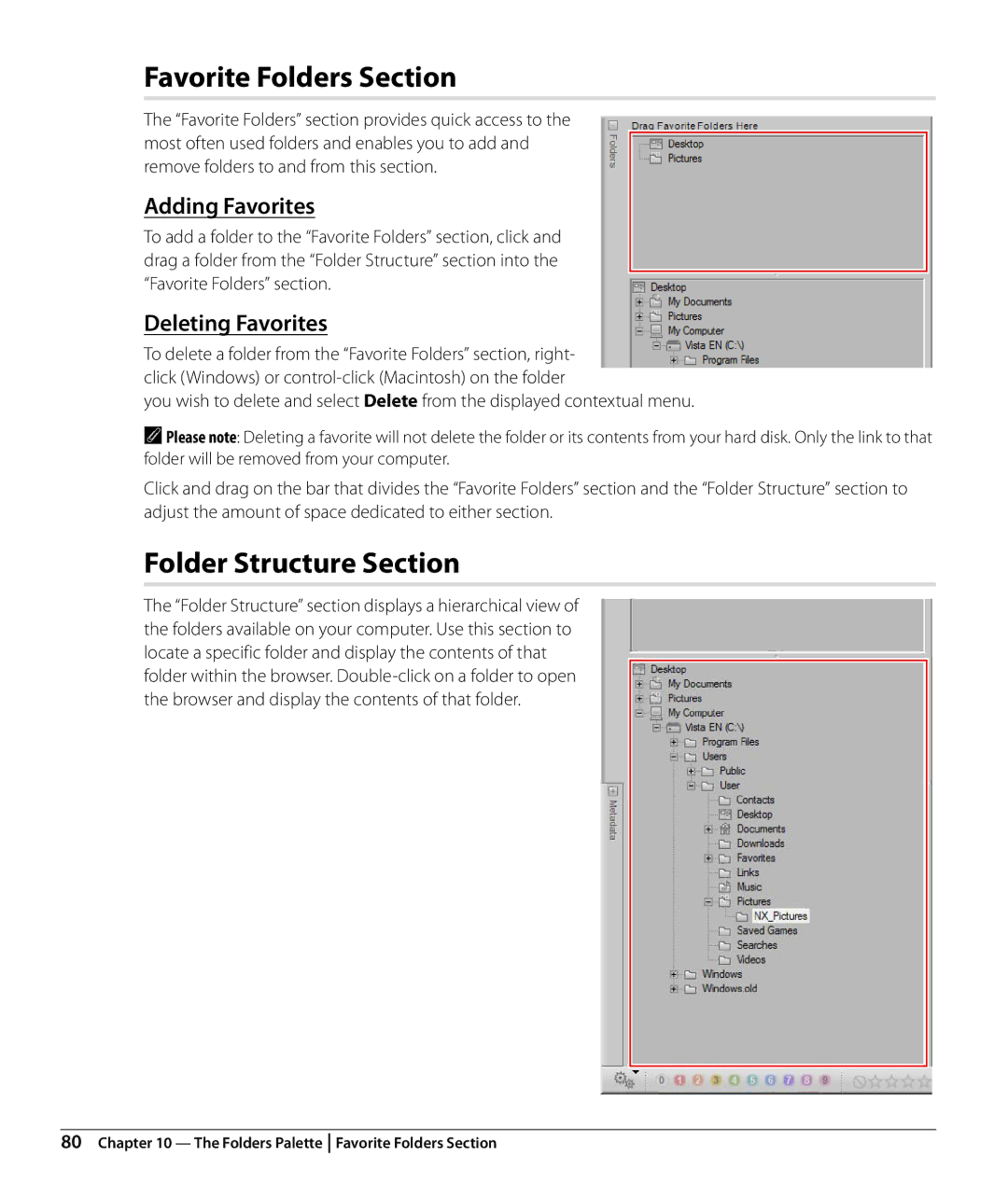 Nikon Capture NX2 user manual Favorite Folders Section, Folder Structure Section, Adding Favorites, Deleting Favorites 