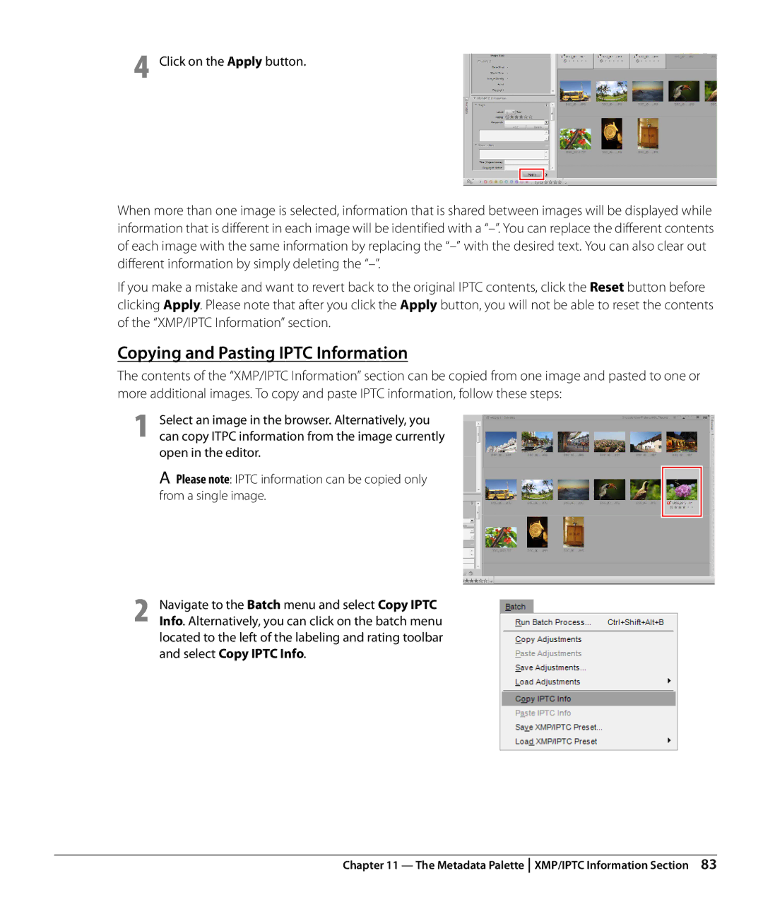 Nikon Capture NX2 user manual Copying and Pasting Iptc Information, XMP/IPTC Information section, Click on the Apply button 