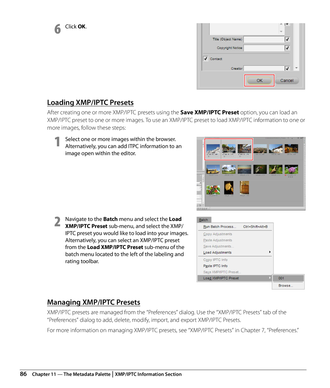 Nikon Capture NX2 user manual Loading XMP/IPTC Presets, Managing XMP/IPTC Presets, Click OK, Image open within the editor 