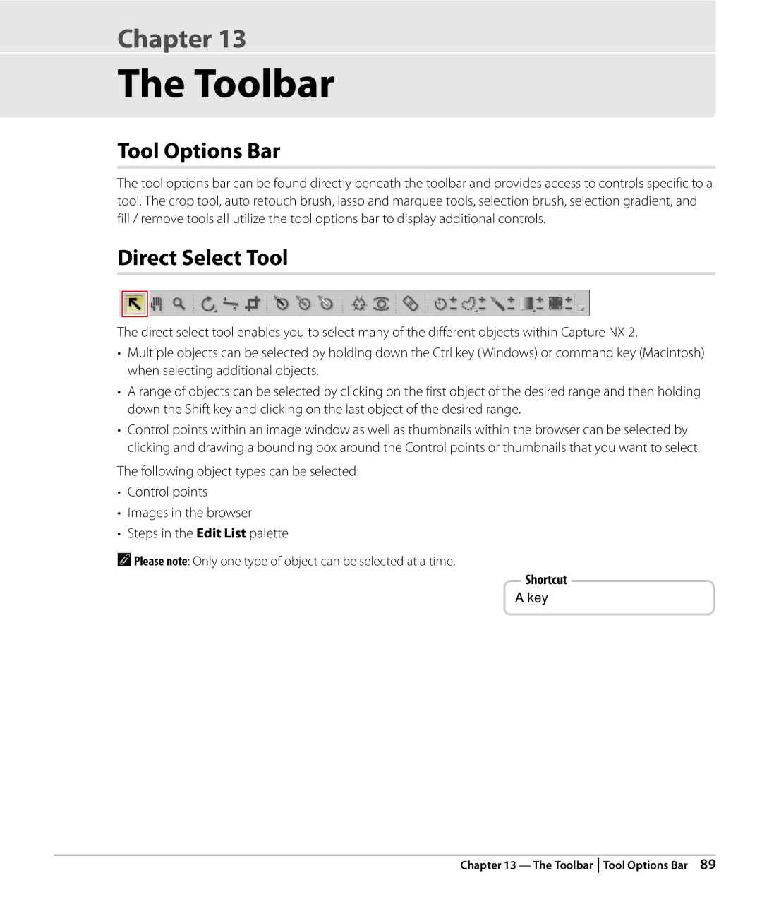 Nikon Capture NX2 user manual Toolbar, Tool Options Bar, Direct Select Tool, Key 