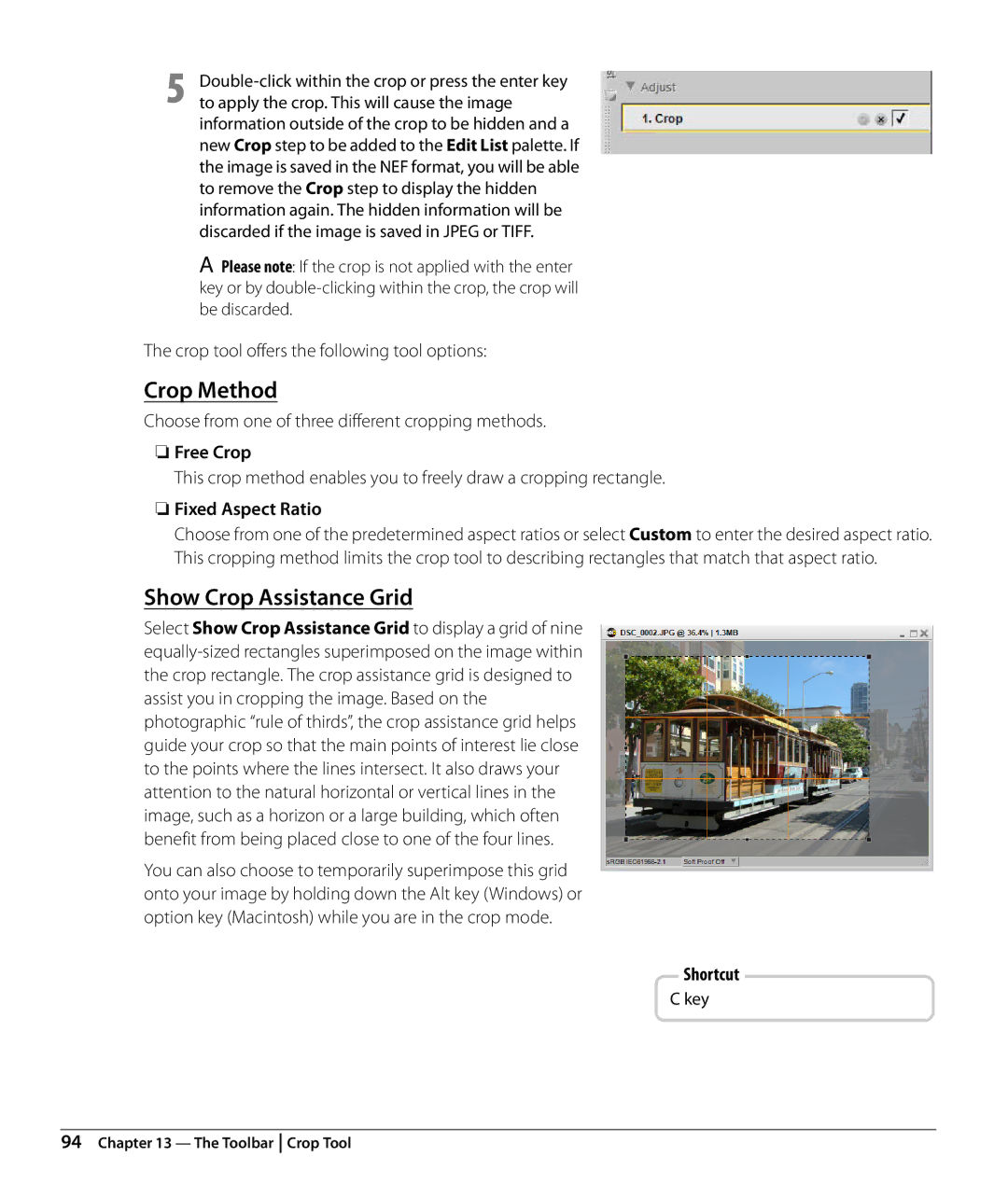 Nikon Capture NX2 user manual Crop Method, Show Crop Assistance Grid, Free Crop, Fixed Aspect Ratio 