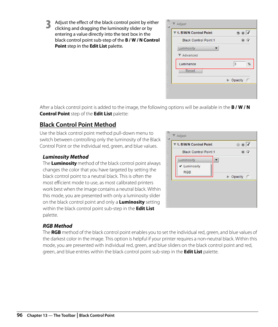 Nikon Capture NX2 user manual Black Control Point Method, Luminosity Method, RGB Method, Palette 